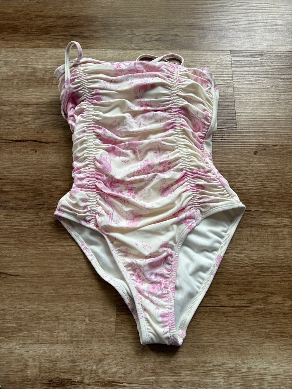 One-Piece Swimsuit - Pink Floral Ruched